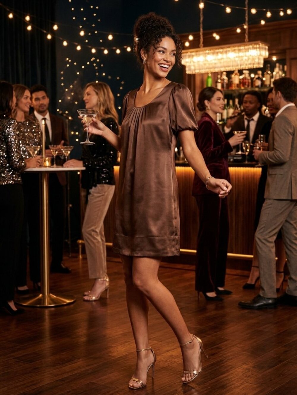 VTG Y2K New York & Co. Brown Satin Puff Sleeve Shift Mini Dress - Size 6
